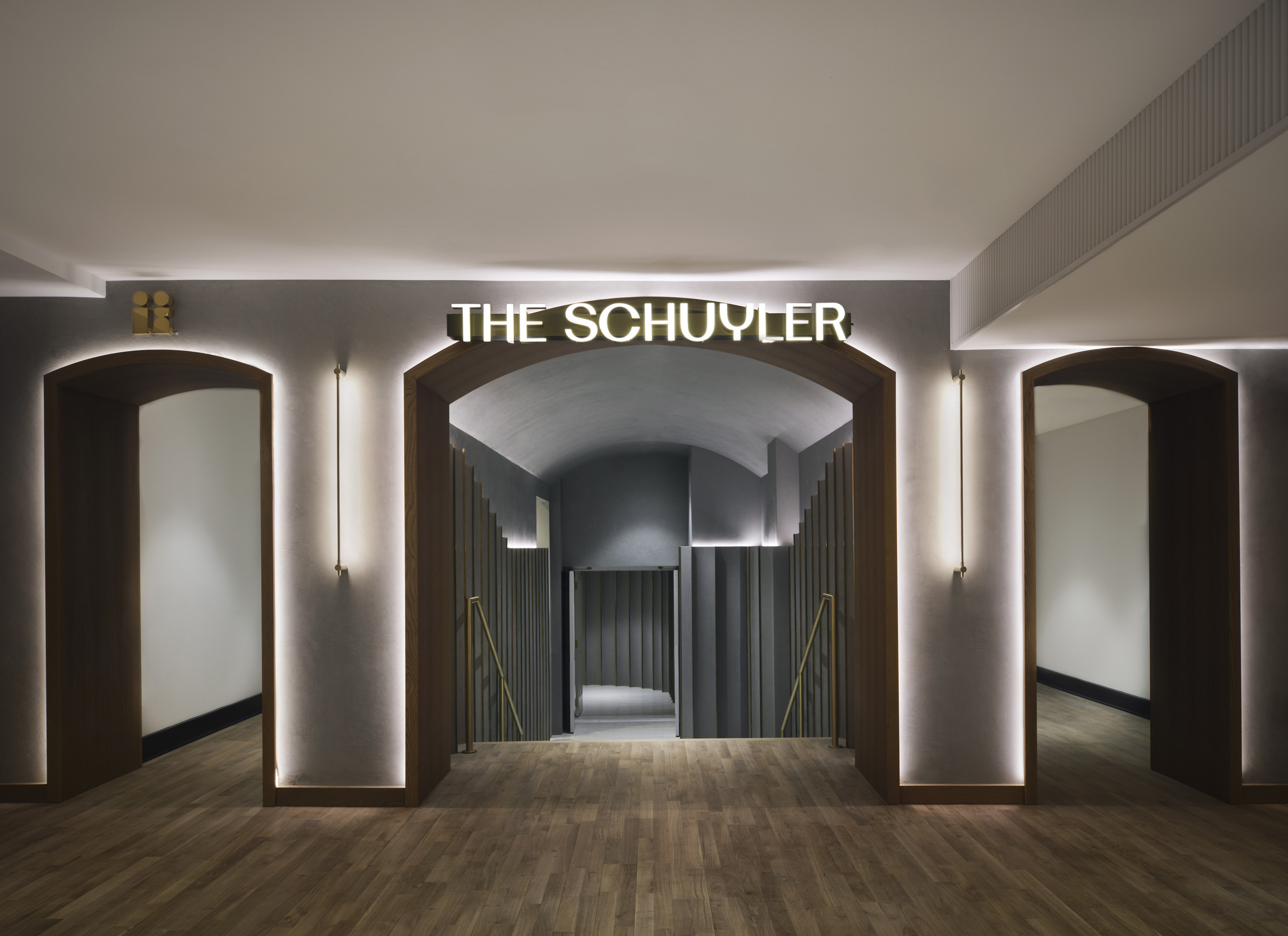 The Schuyler entrance with illuminated archways.