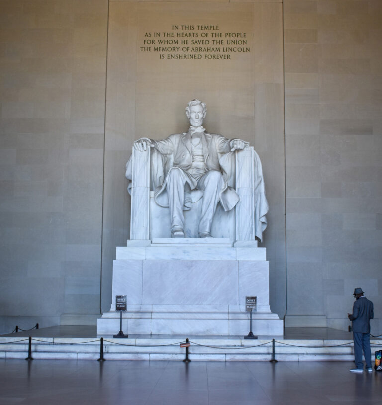 Statue of Abraham Lincoln inside memorial chamber.