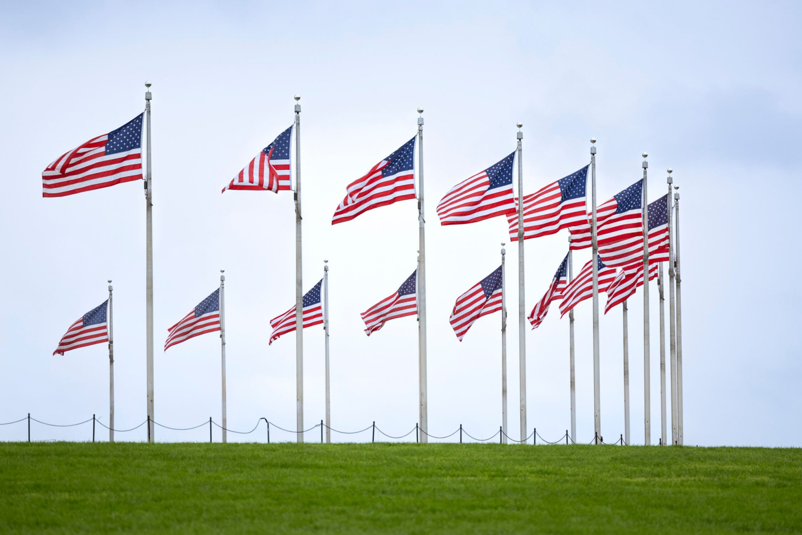 horseshoe arrangement of American flags on green field