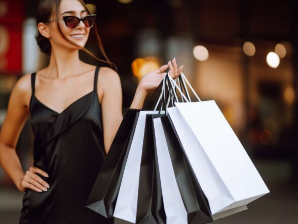lare scale woman with black and white shopping bags