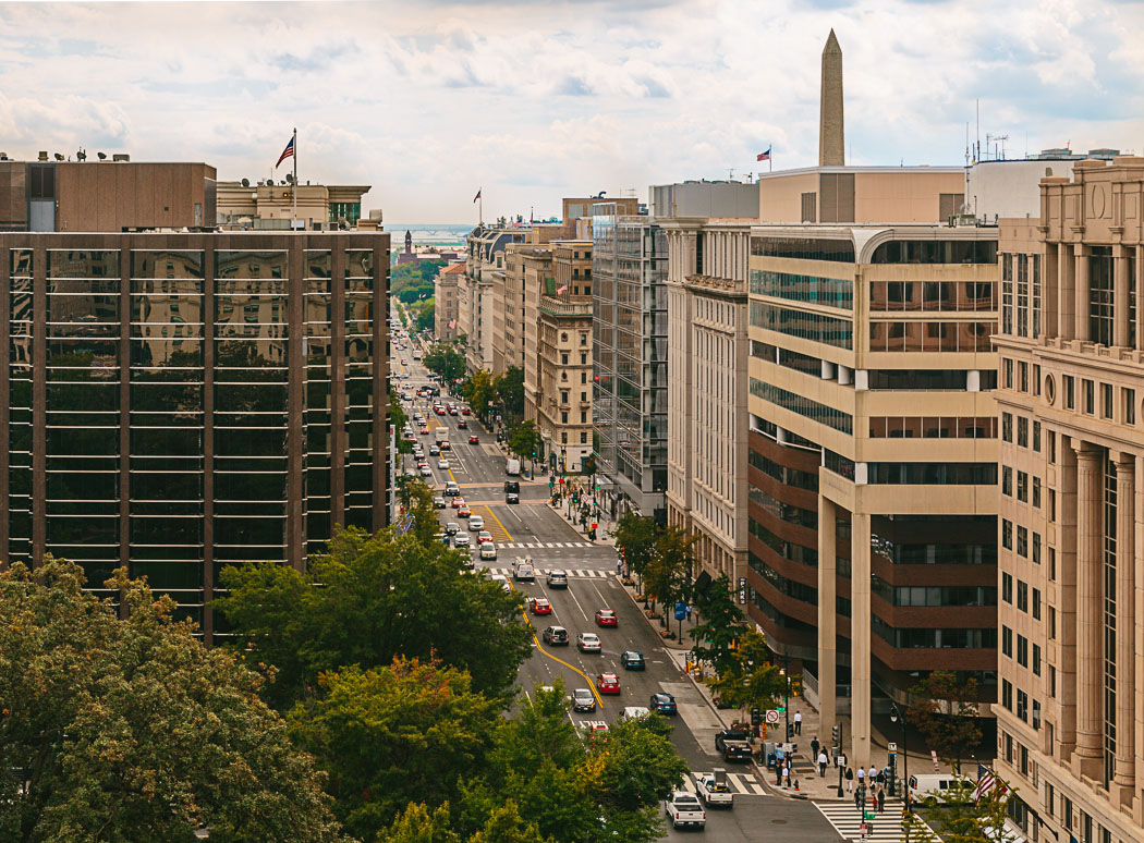 Downtown Washington, D.C. street with city traffic.