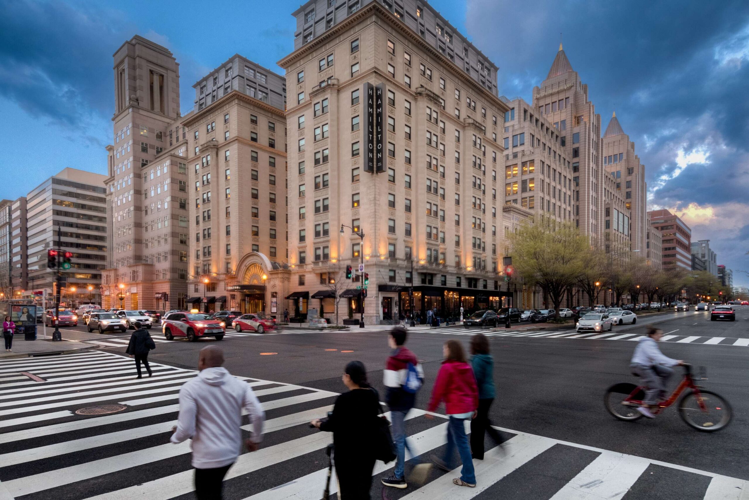street view of the hamilton at dusk