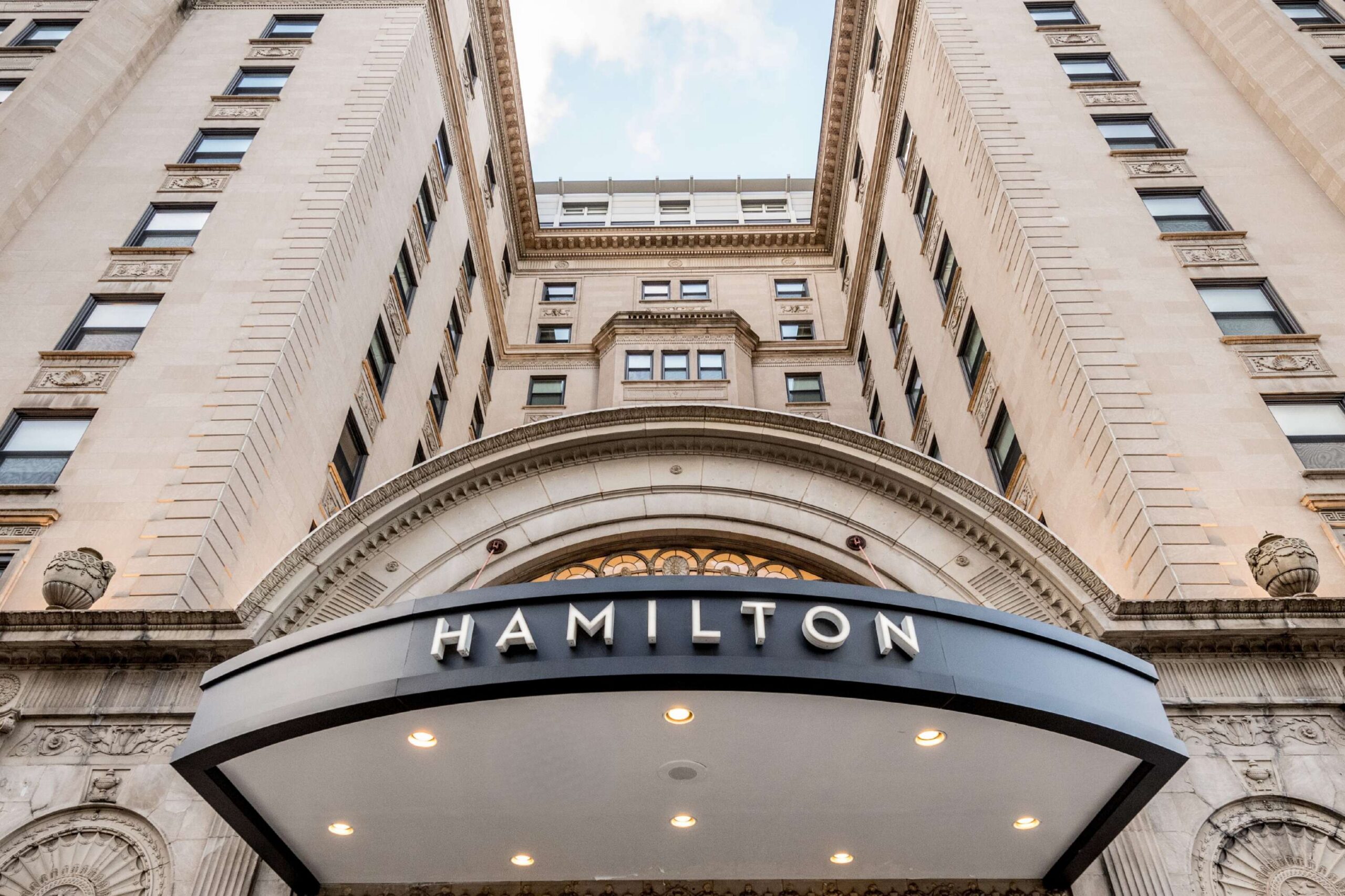 front entrance of Hamilton looking up toward top of building