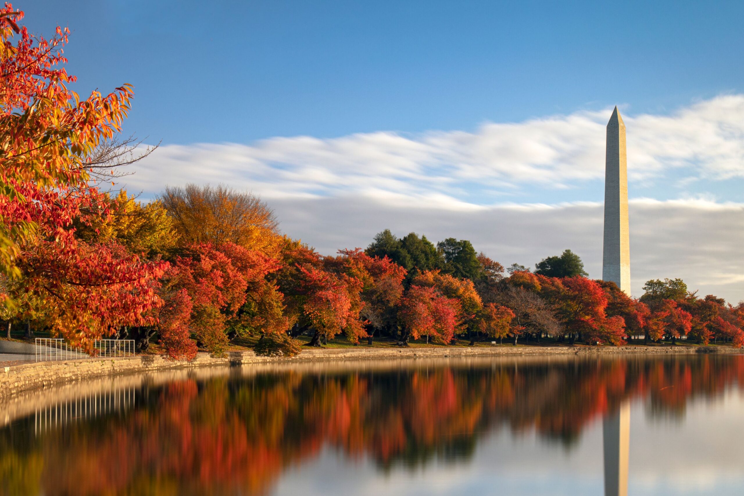 Washington Monument surrounded by fall foliage.